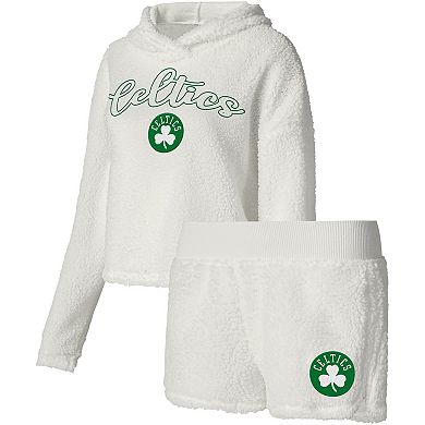 Women's College Concepts Cream Boston Celtics Fluffy Long Sleeve Hoodie T-Shirt & Shorts Sleep Set