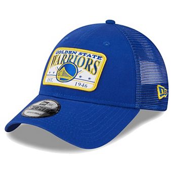 Men's New Era Royal Golden State Warriors Plate Oversized Patch Trucker 9FORTY Adjustable Hat
