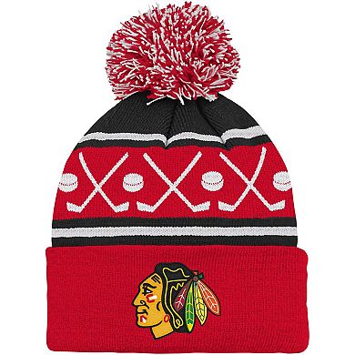 Youth Red Chicago Blackhawks Face-Off Cuffed Knit Hat with Pom