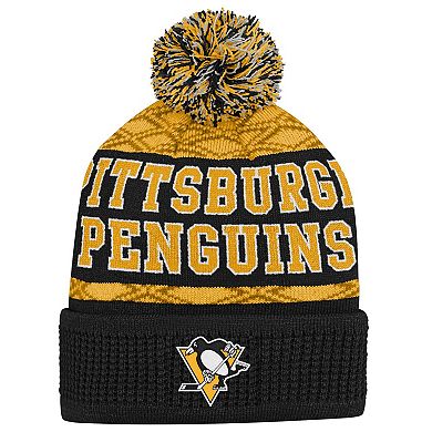Youth Pittsburgh Penguins Gold Puck Cuffed Knit Hat with Pom