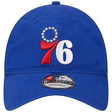 Men's New Era Royal Philadelphia 76ers Distinct Side Patch Trucker 9TWENTY Adjustable Hat