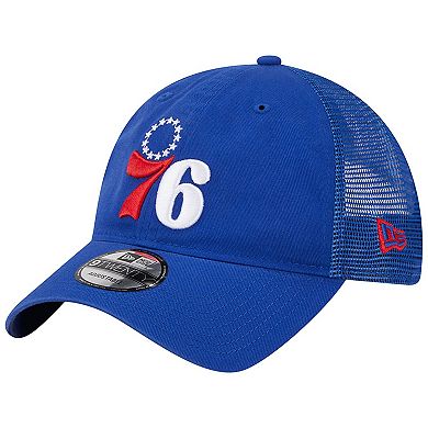 Men's New Era Royal Philadelphia 76ers Distinct Side Patch Trucker 9TWENTY Adjustable Hat