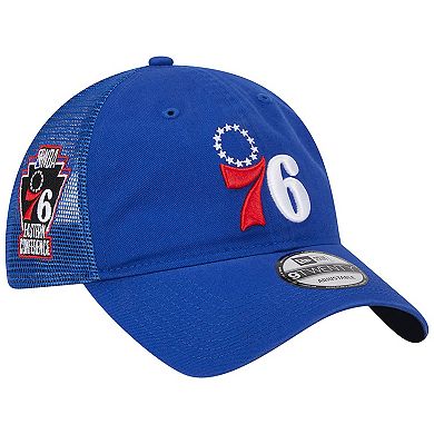 Men's New Era Royal Philadelphia 76ers Distinct Side Patch Trucker 9TWENTY Adjustable Hat