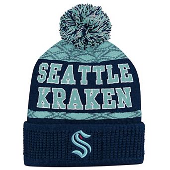 Youth Seattle Kraken Navy Puck Cuffed Knit Hat with Pom