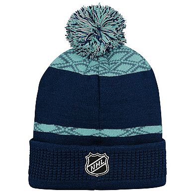 Youth Seattle Kraken Navy Puck Cuffed Knit Hat with Pom