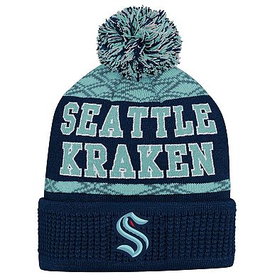 Youth Seattle Kraken Navy Puck Cuffed Knit Hat with Pom
