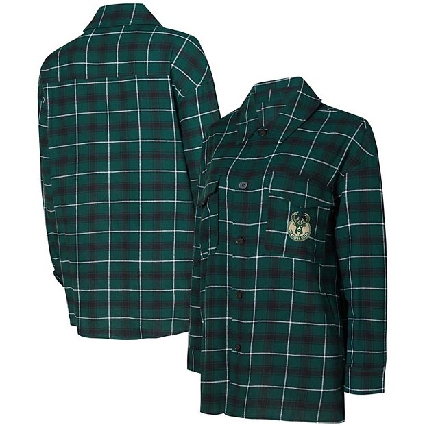 Women's College Concepts Hunter Green/Black Milwaukee Bucks Boyfriend  Button-Up Nightshirt