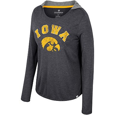 Women's Colosseum Black Iowa Hawkeyes Distressed Heather Long Sleeve Hoodie T-Shirt