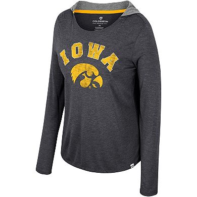 Women's Colosseum  Black Iowa Hawkeyes Distressed Heather Long Sleeve Hoodie T-Shirt