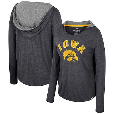 Women's Colosseum  Black Iowa Hawkeyes Distressed Heather Long Sleeve Hoodie T-Shirt