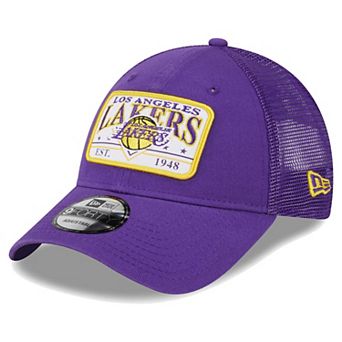 Men's New Era Purple Los Angeles Lakers Plate Oversized Patch Trucker 9FORTY Adjustable Hat