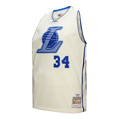 Men's Mitchell & Ness Shaquille O'Neal Cream Los Angeles Lakers Chainstitch Swingman Jersey