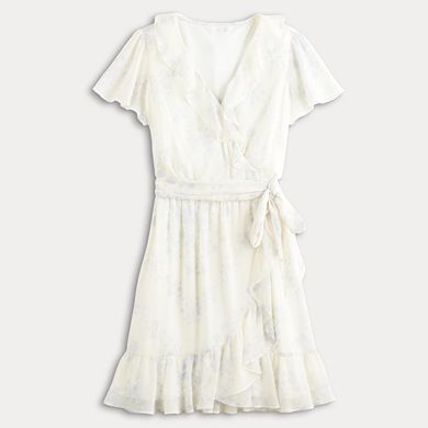 Petite LC Lauren Conrad Ruffle Neck Flutter Sleeve Wrap Dress