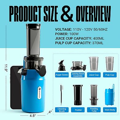 Ventray Essential Ginnie Juicer Compact Small Cold Press Juicer, Masticating Slow Juicer