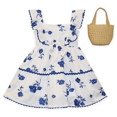 Toddler Girl Blueberi Boulevard Ruffle-Trim Tiered Floral Dress with Straw Purse