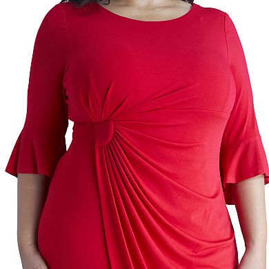 Plus Size Connected Apparel Mock wrap Dress with Bell Sleeves