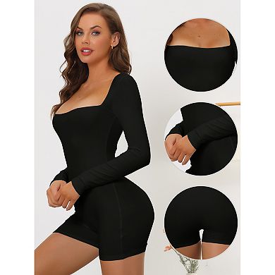 Women's Square Neck Leotard Jumpsuit Shapewear Tummy Control Slimming Long Sleeve Full Bodysuit