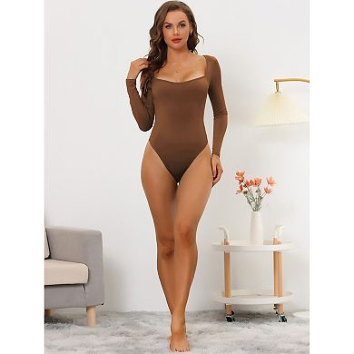 Women's Long Sleeve Bodysuit Shapewear Slim Fit Stretchy Square Neck Leotard Jumpsuit Tops