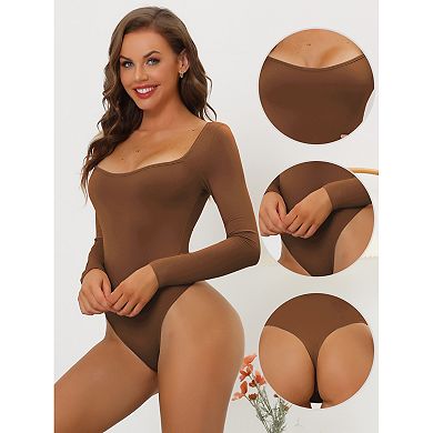 Women's Long Sleeve Bodysuit Shapewear Slim Fit Stretchy Square Neck Leotard Jumpsuit Tops