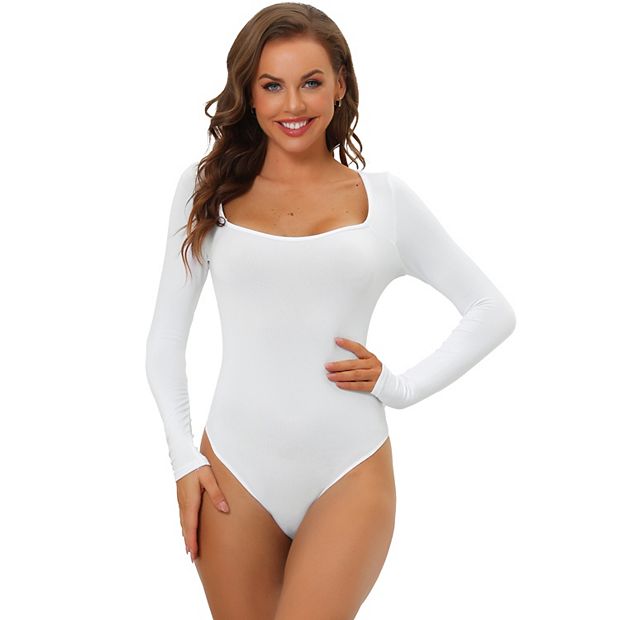 Women's Long Sleeve Bodysuit Shapewear Slim Fit Stretchy Square Neck  Leotard Jumpsuit Tops