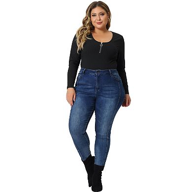 Plus Size Bodysuits For Women Deep V Neck Zip Up Long Sleeve Tops Bodysuit Jumpsuit