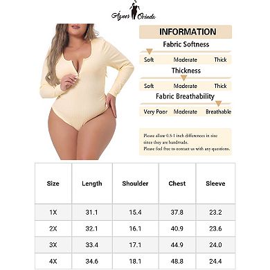 Plus Size Bodysuits For Women Deep V Neck Zip Up Long Sleeve Tops Bodysuit Jumpsuit