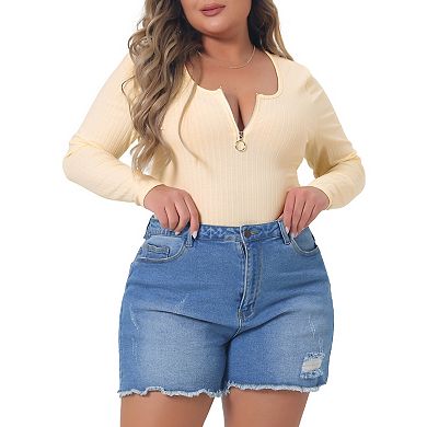 Plus Size Bodysuits For Women Deep V Neck Zip Up Long Sleeve Tops Bodysuit Jumpsuit
