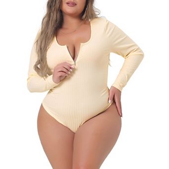 Plus Size Bodysuits For Women Deep V Neck Zip Up Long Sleeve Tops Bodysuit Jumpsuit