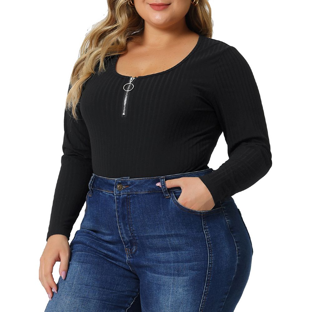 Plus Size Bodysuits For Women Deep V Neck Zip Up Long Sleeve