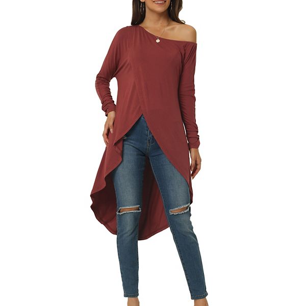 Women's One Shoulder Long Sleeve High Low Asymmetrical Irregular Hem ...