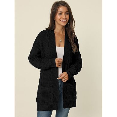 Women's Fall Winter Long Sleeve Cable Knit Outwear Coat Open Front Sweater Cardigan With Pockets