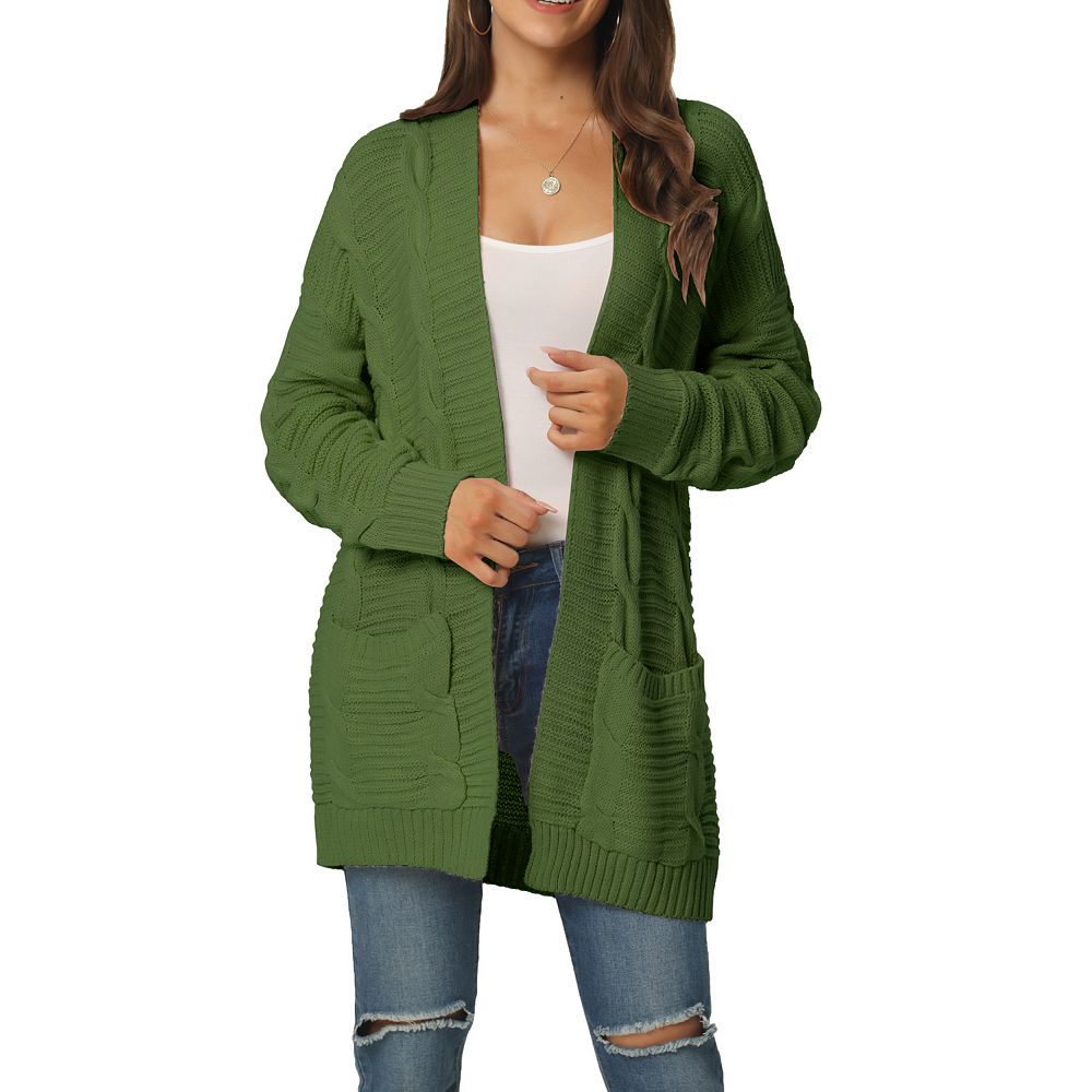 ZIWOCH Women's Long Cable Knit Cardigan - Open Front Chunky Sweater Coat With Pockets, Knee Length