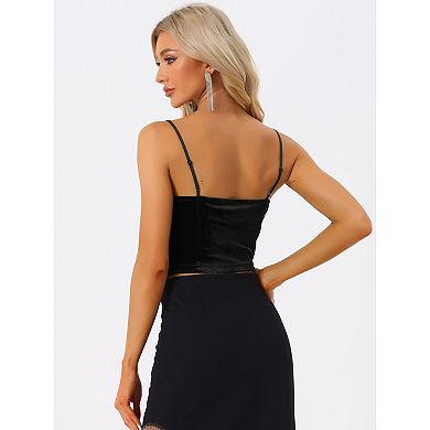 Women's Spaghetti Strap Top Lace Trim Ruched Disco Party Velvet Cami