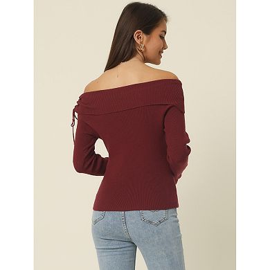 Women's Off Shoulder Ribbed Knit Casual Long Sleeve Solid Sweater Pullover Top