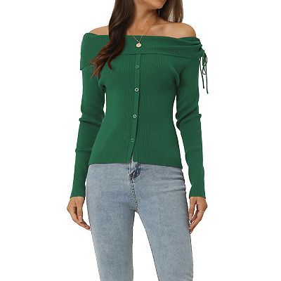 Women s Off Shoulder Ribbed Knit Casual Long Sleeve Solid Sweater Pullover Top