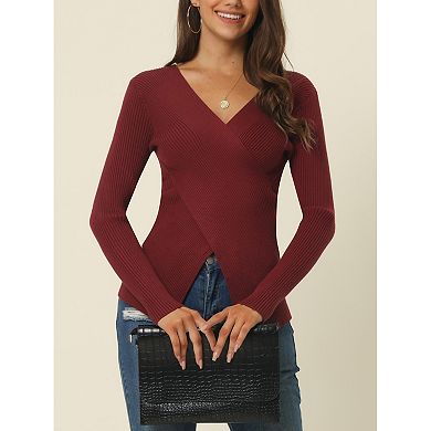 Womens' Fall Winter V Neck Wrap Long Sleeve Casual Sweater Blouse