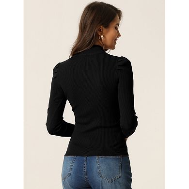 Womens' High Neck Ruched Front Puff Long Sleeve Casual Sweater