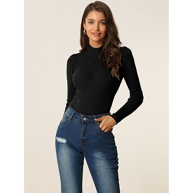 Womens' High Neck Ruched Front Puff Long Sleeve Casual Sweater