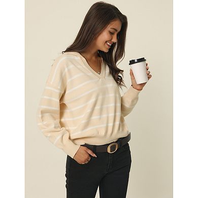 Women's Fall Winter Striped Pullover Sweater Polo V Neck Color Block Long Sleeve Knitted