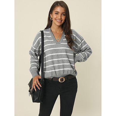 Women's Fall Winter Striped Pullover Sweater Polo V Neck Color Block Long Sleeve Knitted