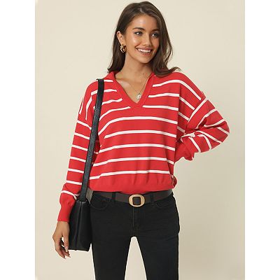 Women's Fall Winter Striped Pullover Sweater Polo V Neck Color