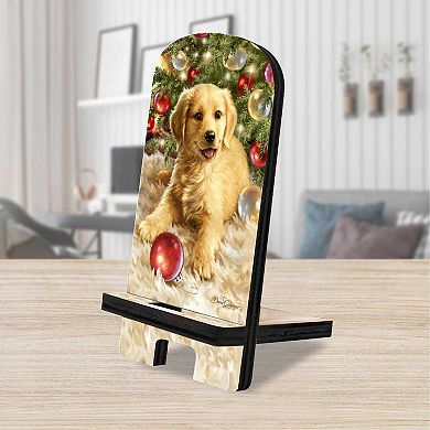 Christmas Puppy Cell Phone Stand Pet Decor Wood Mobile Holder Organizer