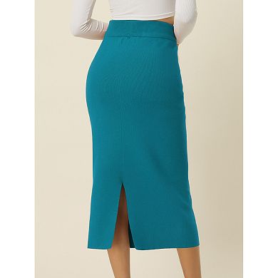 Women's Elastic High Waist Slit Hem Stretchy Classic Midi Skirts