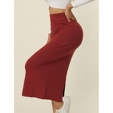 Women's Elastic High Waist Slit Hem Stretchy Classic Midi Skirts