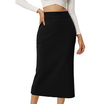 Women's Elastic High Waist Slit Hem Stretchy Classic Midi Skirts