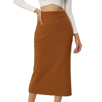Women's Elastic High Waist Slit Hem Stretchy Classic Midi Skirts