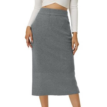 Women's Elastic High Waist Slit Hem Stretchy Classic Midi Skirts