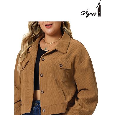 Women's 2023 Plus Size Lightweight Cropped Shacket Button Down Corduroy Shacket Jackets