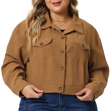 Women's 2023 Plus Size Lightweight Cropped Shacket Button Down Corduroy Shacket Jackets