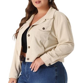 Women's 2023 Plus Size Lightweight Cropped Shacket Button Down Corduroy Shacket Jackets